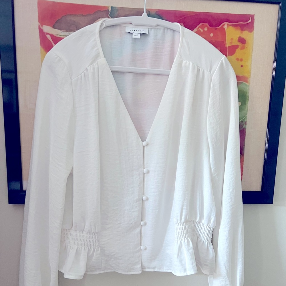 Topshop Millie Twill Tea Top Womens 12 White V Neck Covered Button Front Ruffle
